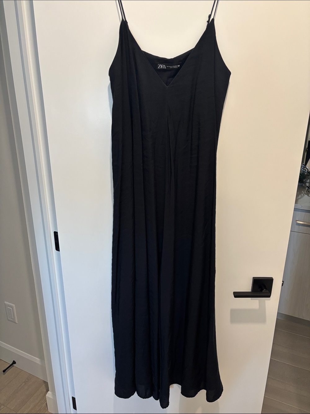 Zara Black V-Neck Maxi Slip Dress with Spaghetti Straps